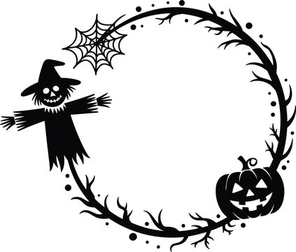 Halloween spooky round frame black silhouette vector illustration, pumpkin and scarecrow branch wreath border text template