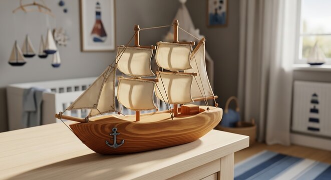 A small wooden toy ship model rests on a light tabletop inside a nursery room featuring maritime decor and nautical accessories for children who enjoy sailing themes and traditional wooden