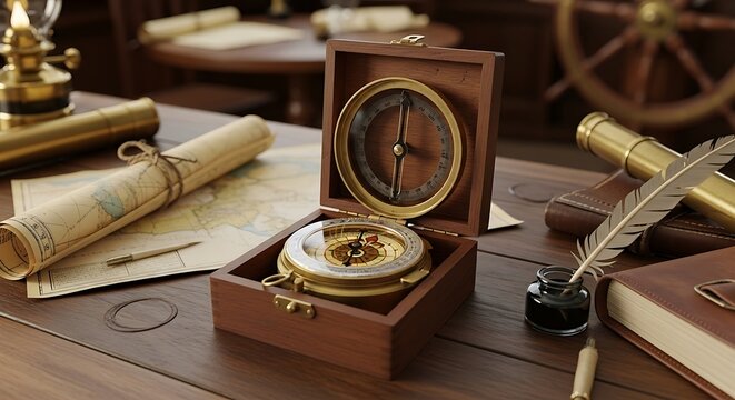 A vintage magnetic compass rests inside a wooden box upon an antique wooden captain desk beside ancient paper scrolls and a brass telescope ready for an oceanic exploration across the vast deep