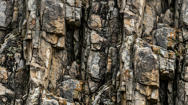 Natural basalt rock cliff face texture with vertical cracks and rugged stone surface pattern