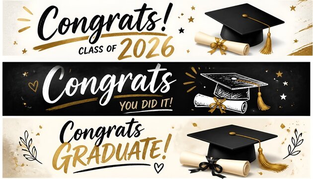 Class of 2026 Graduation Congratulations Banner Set with Academic Cap and Diploma &ndash; Handwritten Brush Lettering Greeting Card, Poster and Celebration Design