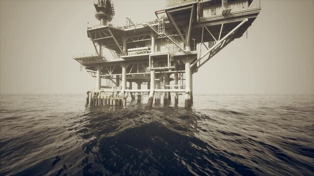 Vintage oil platform standing amid waves. Sepiatoned composition shows weathered steel legs, rust stains and grainy texture turbulent sea and distant horizon