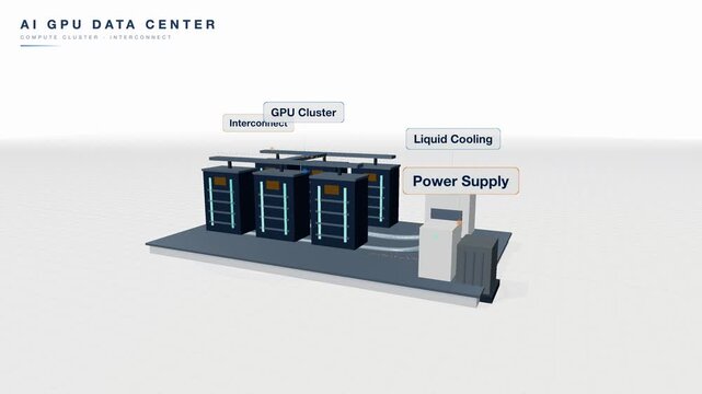 AI GPU data center with rows of server racks powering a high performance computing cluster