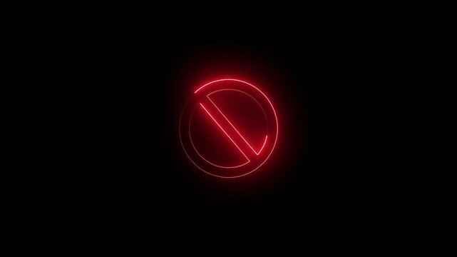 Glowing red neon prohibition sign circle icon with a diagonal line isolated on a dark black background representing a restricted area or forbidden action concept