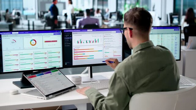 Internal Auditor Reviews Compliance Dashboard On Laptop