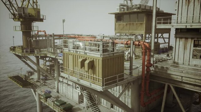 Offshore platform upper deck with modular equipment, piping runs and crane access, bustling installation atmosphere suggested by stacked containers and service
