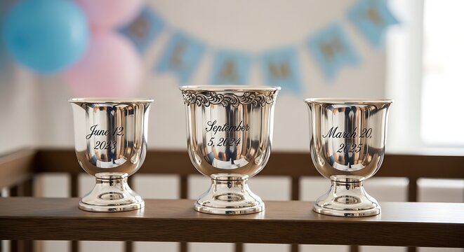 Set of three polished silver heirloom baby cups engraved with birth dates displayed on a nursery crib rail for a newborn celebration with colorful festive party decorations hanging in the