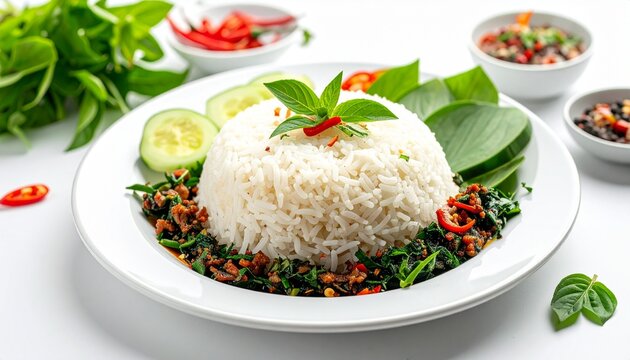 Nasi Ulam with fresh herbs served on a white background, authentic Malaysian dish, clean composition
