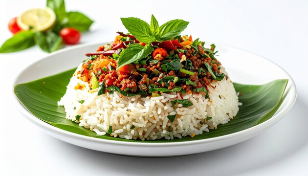 Nasi Ulam with fresh herbs served on a white background, authentic Malaysian dish, clean composition
