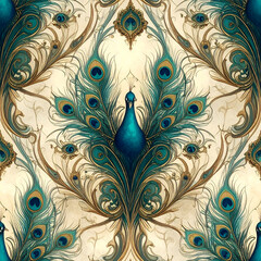 Obraz premium Art Nouveau peacock wallpaper design unfurling with symmetrical feathers creating an elegant luxurious warm radiant aesthetic generative AI