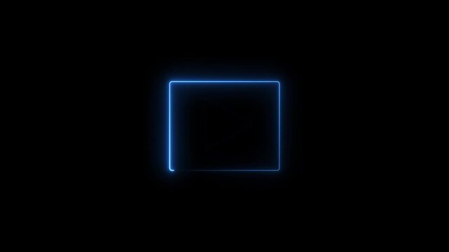 Glowing blue neon play button icon with a square frame isolated on a dark black background representing digital media and video player interface design element for modern web and mobile applications