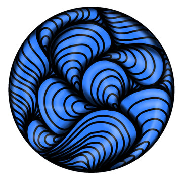 Abstract blue zentangle circle pattern with black wavy lines
