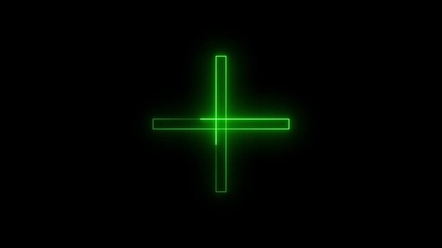 Glowing green neon cross plus sign symbol isolated on a black background representing addition math and positive medical healthcare interface design elements with bright light lines and digital style