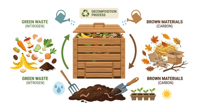 Composting process converts green waste and brown materials into nutrient-rich soil amendment at home garden.