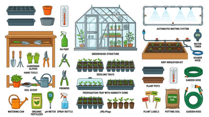 Obraz premium Gardening tools and equipment for planting and nurturing plants in a greenhouse or indoor setting with various supplies.