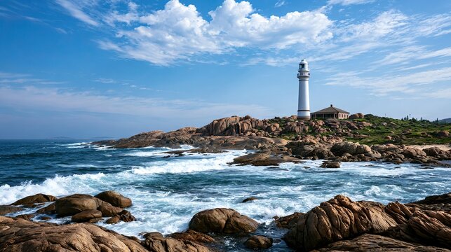 White lighthouse coastal cliff waves sky