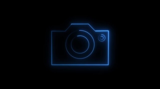 Glowing blue neon camera icon shining in the dark