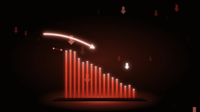 Business financial decline bar chart animation with falling red arrow and downward trend