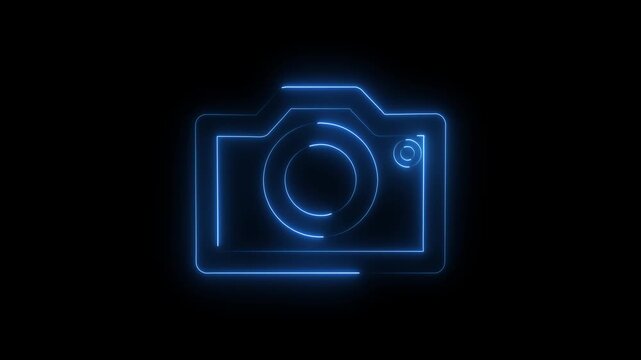 Glowing blue neon camera icon symbol shining with light lines on a dark black background representing photography and digital media technology for web design and creative interface graphics