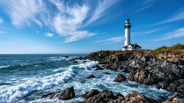 White lighthouse coastal cliff waves sky