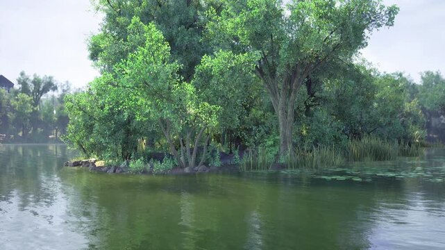 Lakeside grove with island trees and soft reflections, overcast light and distant cottages on horizon, pastoral mood for travel editorials and lifestyle
