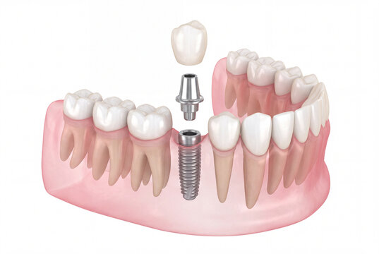 3D Dental Implant Illustration Showing Lower Jaw With Screw Fixture Abutment And Crown For Prosthodontics And Oral Health Education