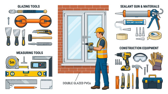 Worker installing double glazed PVC window with various construction tools and materials