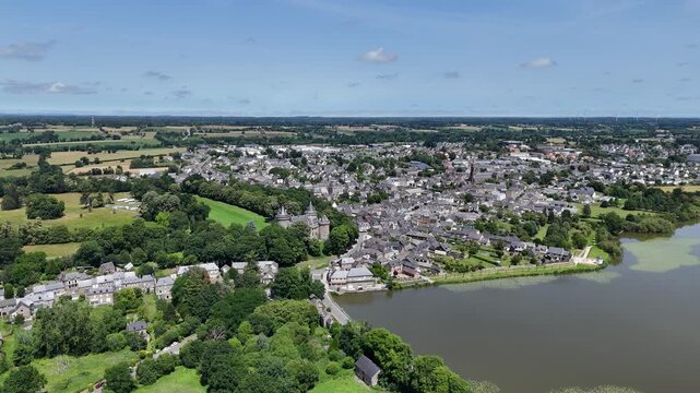 Panning drone aerial Comburgh town in Brittany France 4K footage