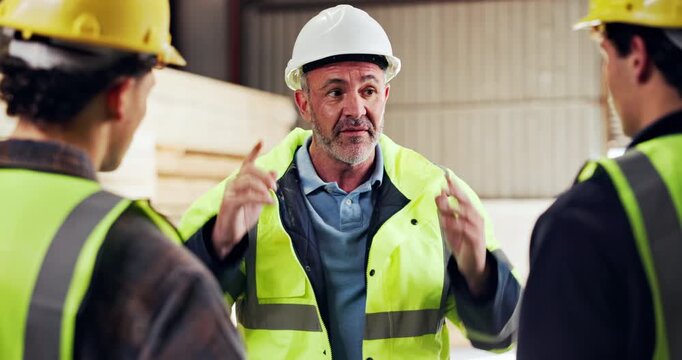 People, manager and explain safety with helmet, protocol discussion or gear for carpentry in workshop. Men, risk management and talk in factory with PPE, labor regulations and woodwork manufacturing.