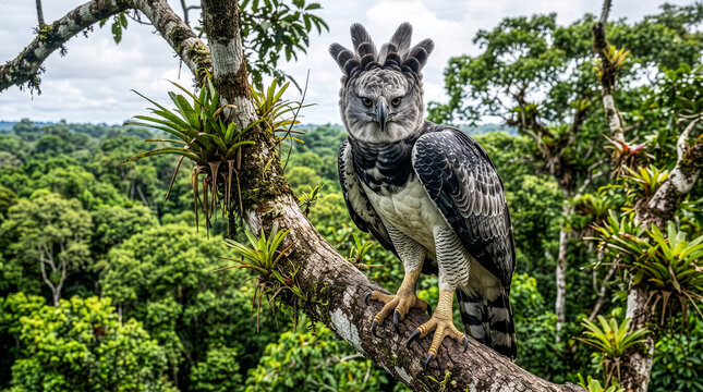 Harpy Eagle Perched on Branch Overlooking Amazon Rainforest Canopy, Wildlife Portrait
