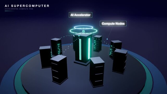 Ai supercomputer pod glowing core orbit, animated 3D industrial visualization, seamless loop.