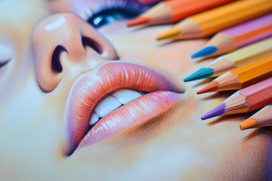 Woman's face with colored pencils. Close-up of lips and makeup.