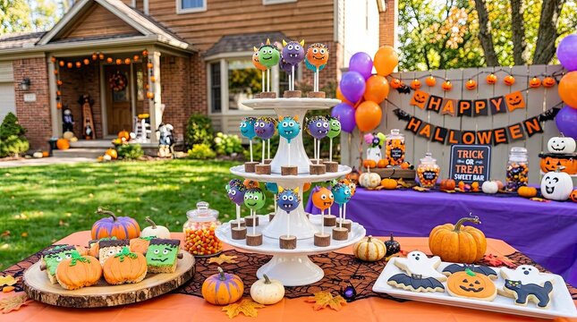 Festive halloween dessert table setup with monster pops spooky treats for parties