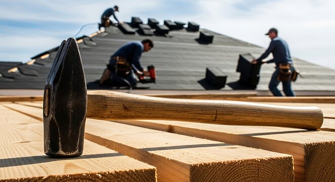 Professional builders working on residential roof replacement project using heavy hammers and timber beams for structural reinforcement to ensure safety and quality during the house renovation