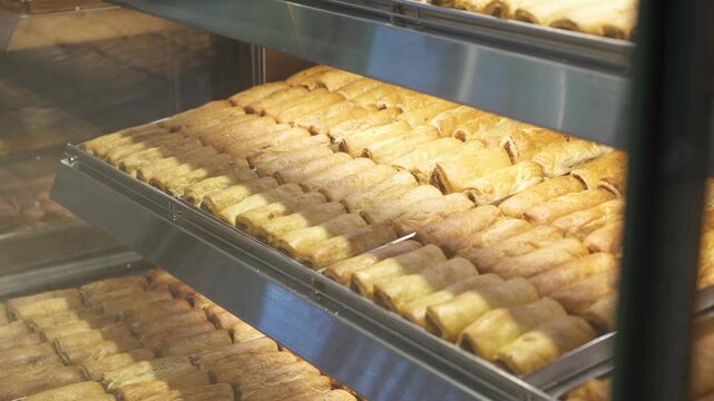 Rows of golden meat pies fill stainless heated shelves inside a glass front store bakery display.