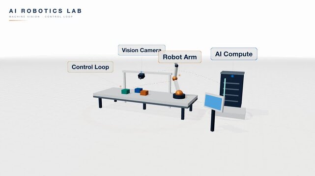 AI robotics lab with a robot arm and machine vision control system