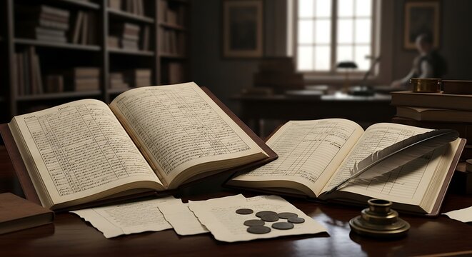Open vintage books placed on a wooden desk featuring a quill pen and metal coins inside a quiet library room setting creating an atmosphere of historical academic research and classical literary