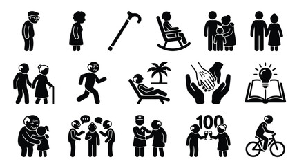 Obraz premium Collection of stick figure icons representing various aspects of aging and senior life, including healthcare, family, and leisure activities.