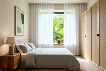 Fototapeta premium Modern minimalist bedroom with natural light, wooden furniture, and greenery visible through window