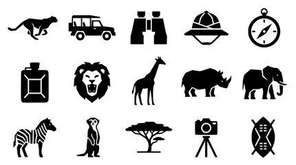 African Safari Icons Vector Silhouette Collection with Wildlife and Adventure Elements © Md