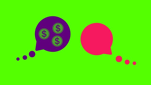 Animated video of two speech bubbles with a gear and a coin inside. A chat concept featuring speech bubbles about work, business, and education in a single-line style.