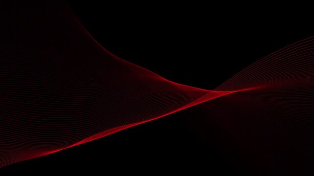 Abstract red glowing particle wave motion on a dark black background representing digital data flow connection and futuristic network technology in a smooth rhythmic pattern for modern tech graphics