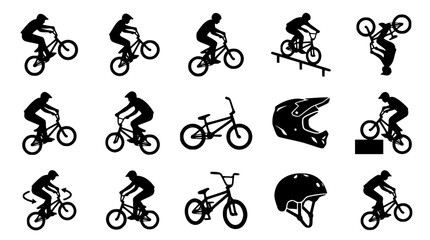 BMX rider performing stunts in various dynamic poses against a clean white background vector silhouette © Md