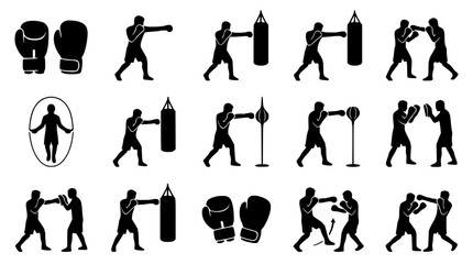 Boxing action silhouettes with gloves and jump rope during training against white background © Md
