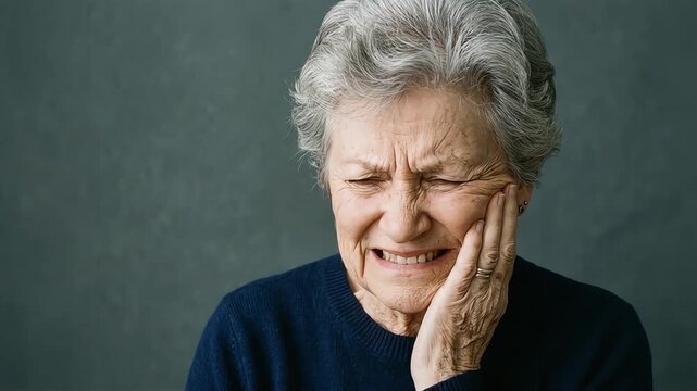 A close-up of a senior Caucasian woman grimacing and clutching her cheek in sudden, severe toothache.