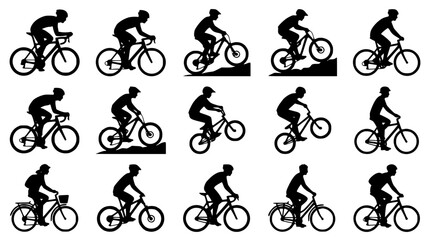 Obraz premium Diverse Cyclist Silhouettes in Motion on White Background Vector Set