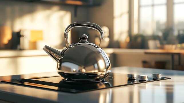 Stainless steel kettle on a stovetop. Metallic teapot boiling on gas cooker