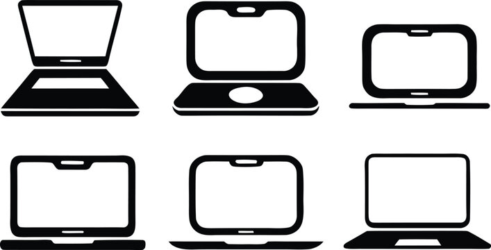 Six different laptop designs in black and white vector style