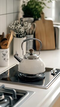 White kettle on a gas stove. Kitchen cookware and utensils.