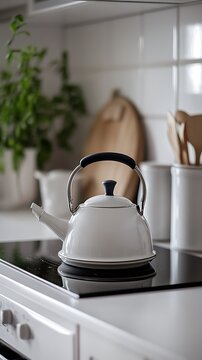 Modern white electric kettle boiling water on kitchen counter. Stylish minimalist kitchen appliance for home or office use.
